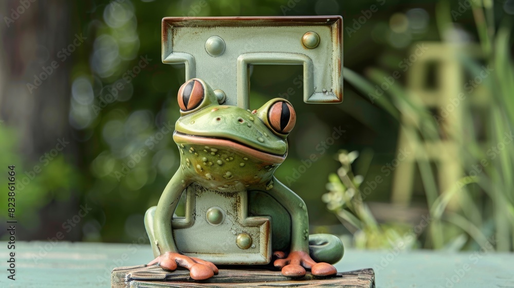 Fototapeta premium A frog is sitting on a pile of beans next to the letter F