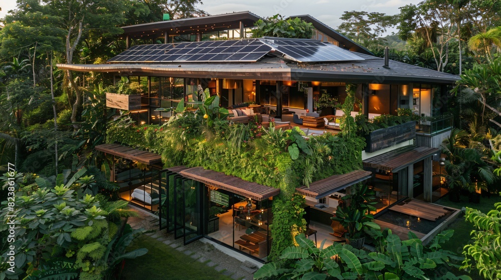 eco-friendly home surrounded by lush greenery, with solar panels on the roof and a garden filled with native plants.