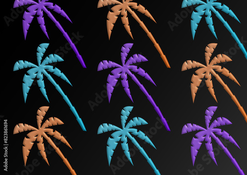 Illustration of palmtrees with different colors, on a black background.