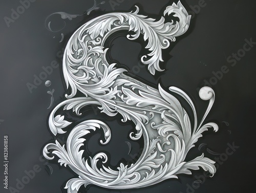 s letter, in baroque realism graceful sculptures scroll, black background photo