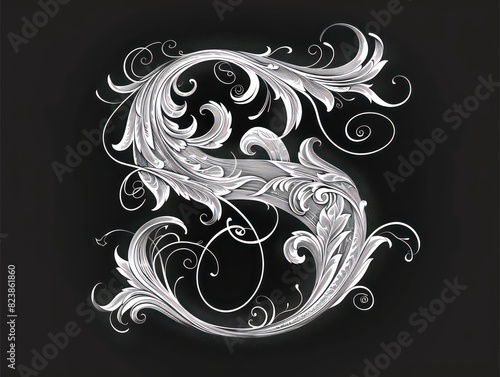 s letter, in baroque realism graceful sculptures scroll, black background photo