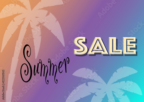 Template for a summer sale, with palmtrees and a colorful backgrounds.