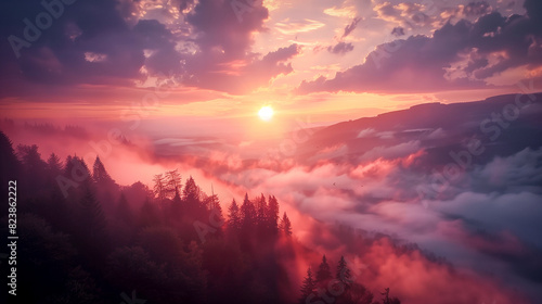 Sunrise visible over the mountains with a beautiful forest underneath © Malgorzata