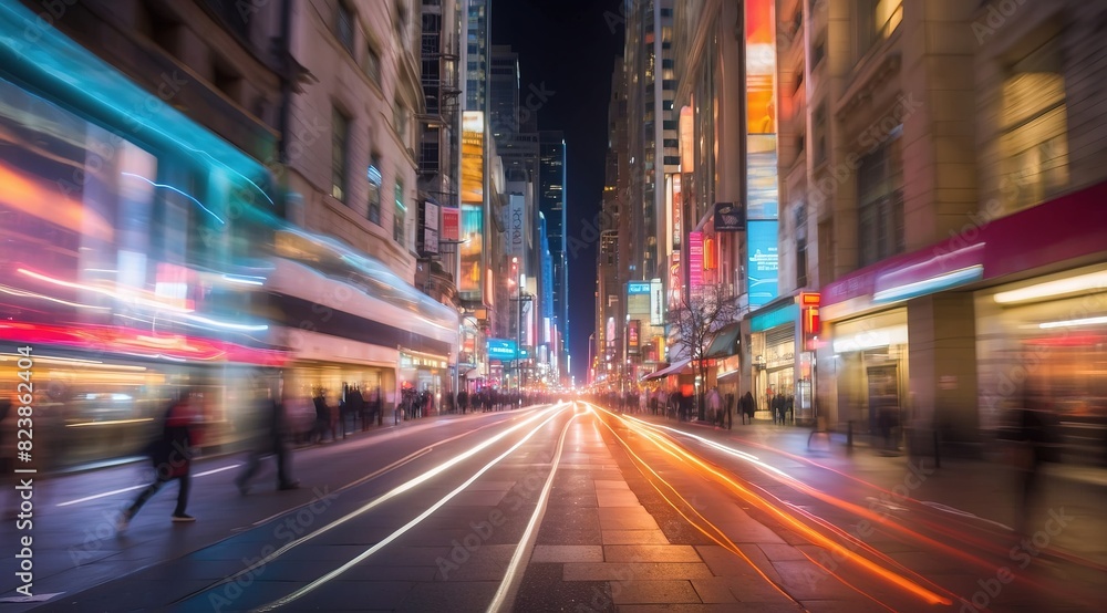 abstract motion blur cityscape featuring vibrant lights, streaks, and blurred architectural elements