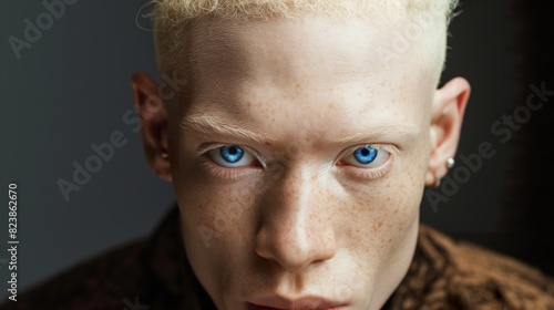 Studio portrait close-up of albino man with blue eyes