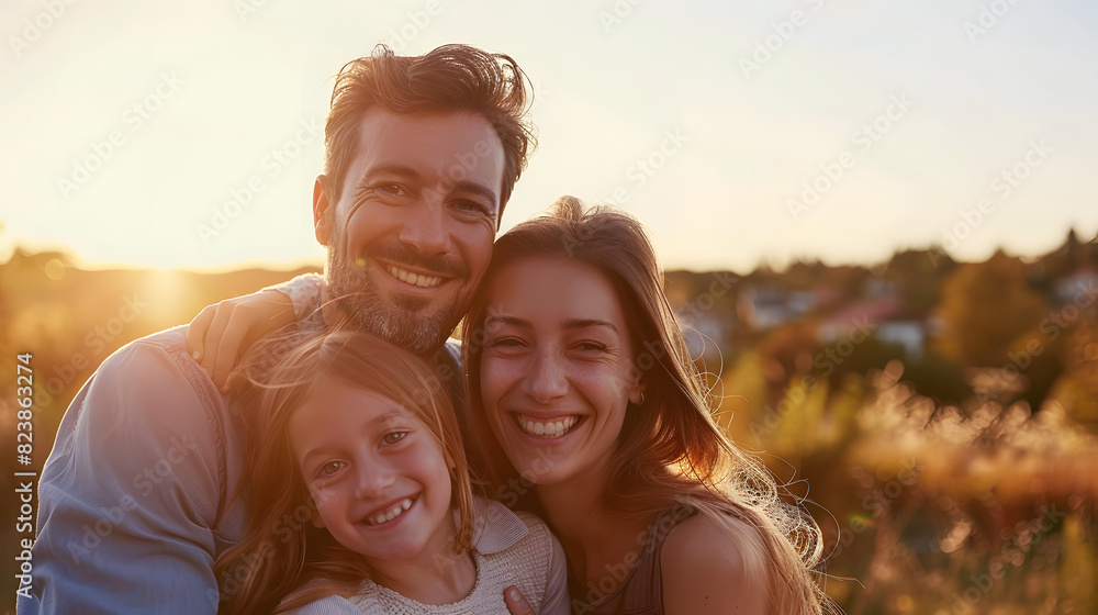 A warm, candid photo of a happy family smiling together outdoors at sunset, capturing a moment of joy and togetherness. A warm, candid photo of a happy family smiling together outdoors at sunset, capturing a moment of joy and togetherness.