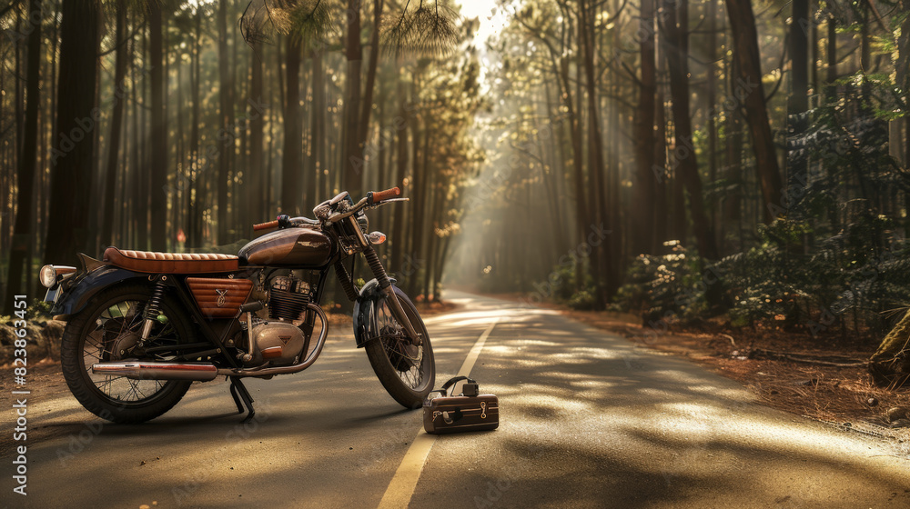  Classic Motorcycle Parked on Sunlit Forest Road