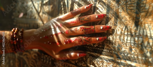 Celebrating Cultural Heritage D Rendered Hand with Vibrant Tribal Nail Art in Warm Firelight photo