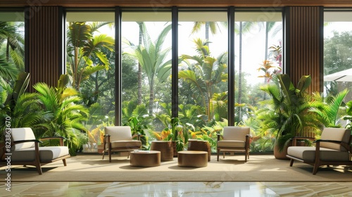 The photo shows the interior of a modern hotel lobby with a large glass window looking out to a tropical garden