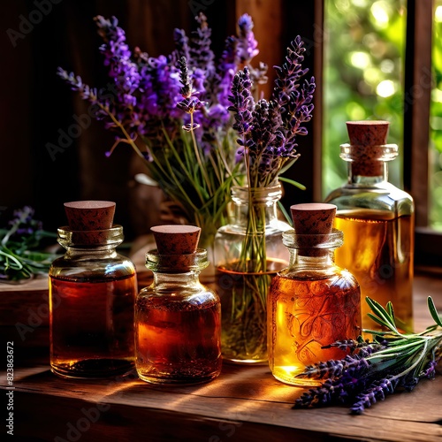 A collection of essential oils or natural beauty products artfully arranged 