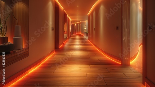 A luxury hotel corridor illuminated with warm lighting that creates a welcoming and sophisticated ambiance
