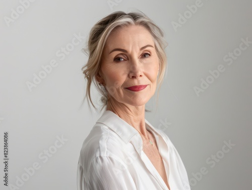 Mature woman with a warm, inviting smile, flawless skin, and confident demeanor, isolated on white  © XTSTUDIO