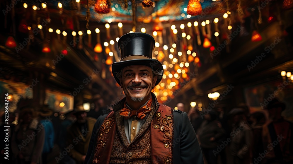 A charming showman dressed in vintage clothing stands among vibrant carnival lights, portraying charisma