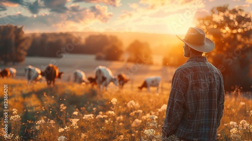 A tranquil scene of a man in a cowboy hat observing cattle on a ranch during golden hour photo