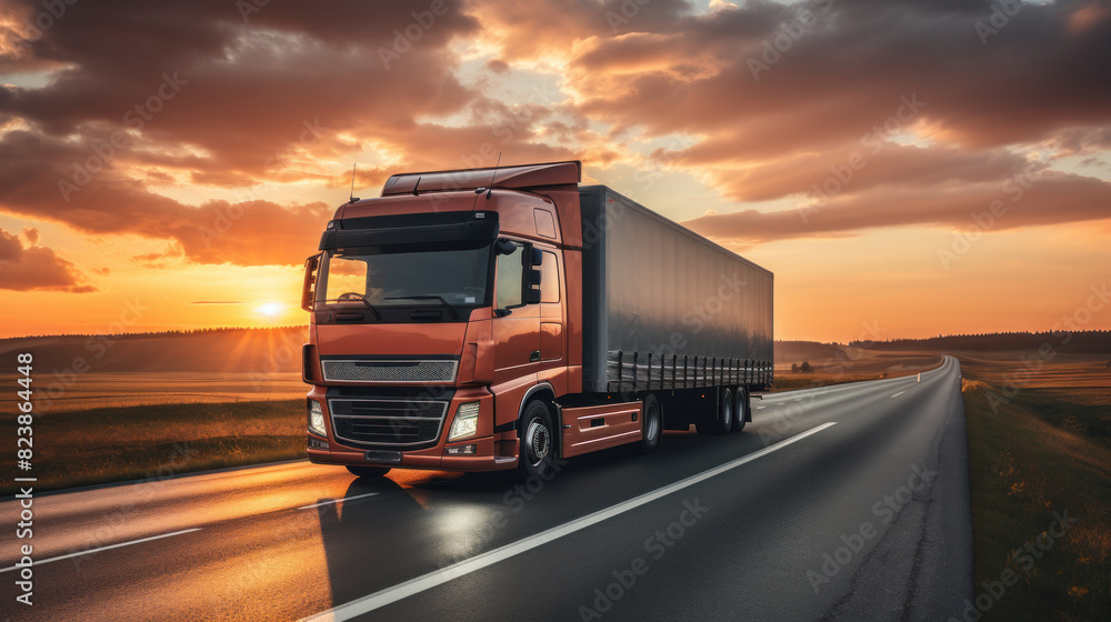 A modern semi truck drives down an empty highway as the sun sets, casting golden light on the scene