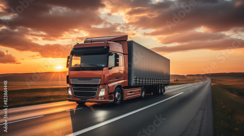 A modern semi truck drives down an empty highway as the sun sets  casting golden light on the scene