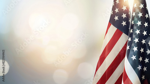 Close-Up of American Flags with Soft Sunlight and Bokeh Background