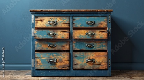 A rustic blue-painted wooden cabinet with distressed finish and metal brackets, exudes charm and vintage beauty photo