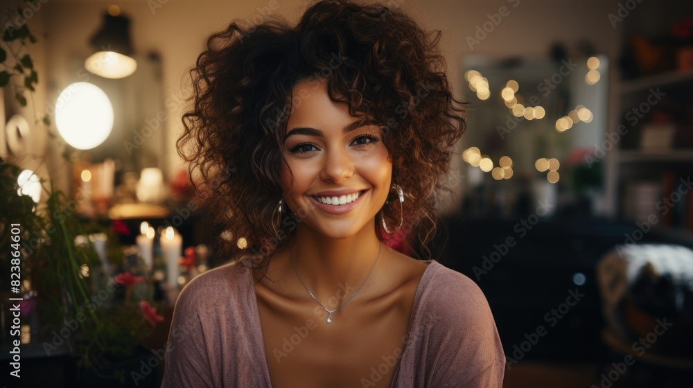 Obraz premium Radiant curly-haired young woman with a sparkling smile in a cozy, warmly lit room
