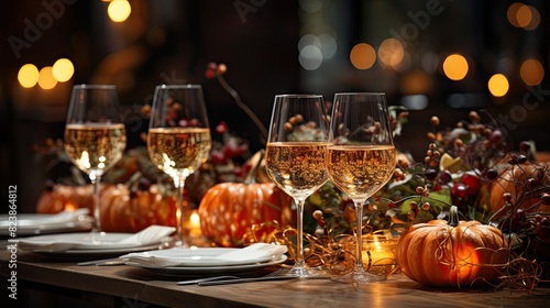 A festive autumnal table setting with wine glasses and decorative pumpkins photo