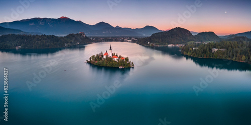 Aerial view of Lake Bled at Sunset photo