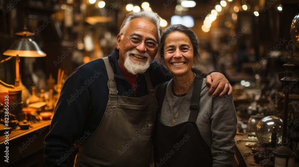 A mature couple stands arm-in-arm amidst an array of vintage items, sharing a warm smile together