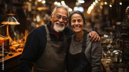 A mature couple stands arm-in-arm amidst an array of vintage items, sharing a warm smile together © AS Photo Family