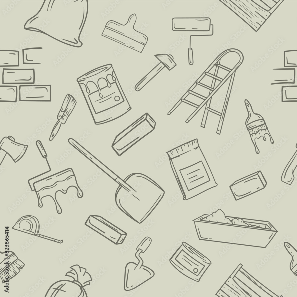 Seamless black and white pattern with construction and repair items. Editable illustration for gift paper, background Seamless black and white pattern with construction and repair items. Editable illustration for gift paper, background