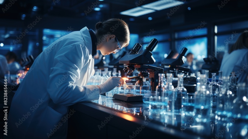 A focused scientist analyzes samples using a microscope in a modern blue-toned laboratory setting