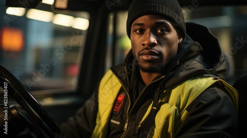 Confident young African American man focused on driving at night with a serious expression © AS Photo Family