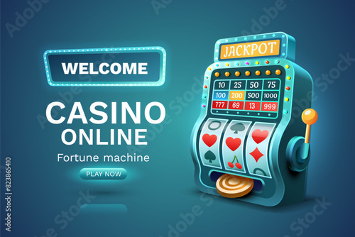 Casino 777 banner slots machine winner, jackpot fortune of luck. Vector illustration