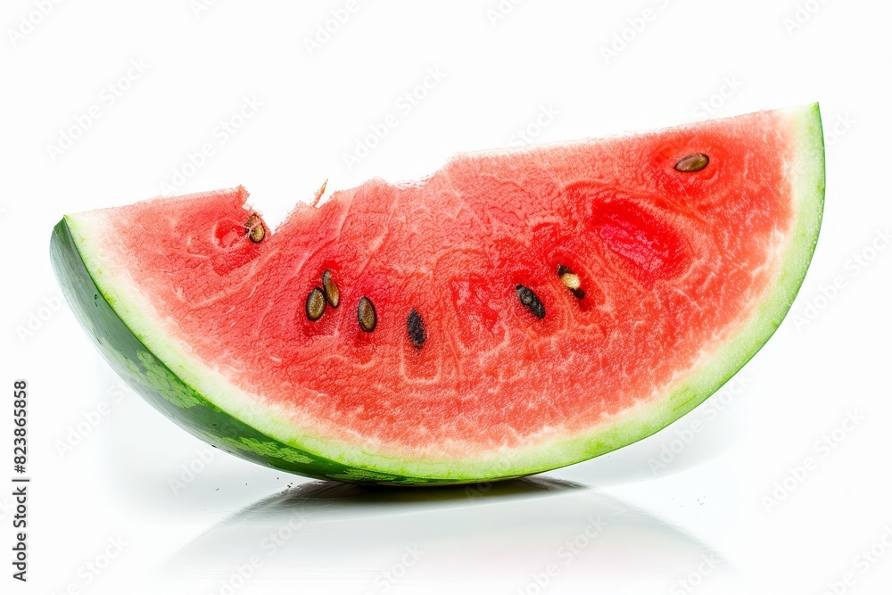 Side view photo of a vibrant, juicy watermelon slice, perfect light reflection, photorealistic, crisp white isolated background Side view photo of a vibrant, juicy watermelon slice, perfect light reflection, photorealistic, crisp white isolated background