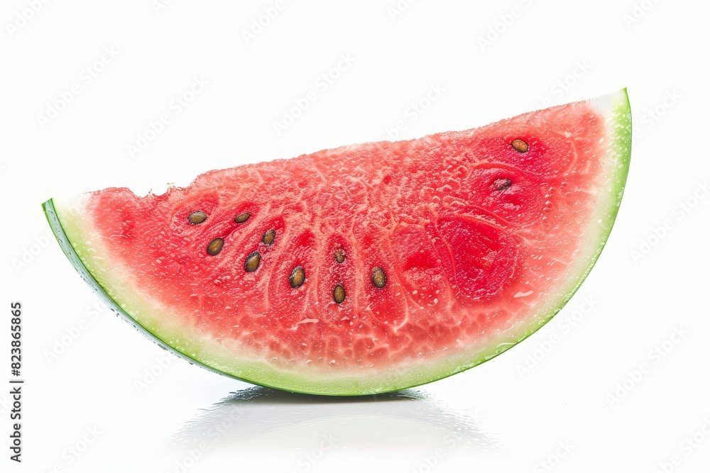 Side view photo of a vibrant, juicy watermelon slice, perfect light reflection, photorealistic, crisp white isolated background Side view photo of a vibrant, juicy watermelon slice, perfect light reflection, photorealistic, crisp white isolated background