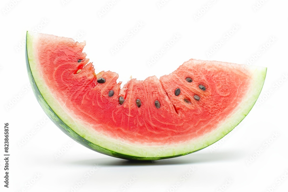 Side view photo of a vibrant, juicy watermelon slice, perfect light reflection, photorealistic, crisp white isolated background Side view photo of a vibrant, juicy watermelon slice, perfect light reflection, photorealistic, crisp white isolated background