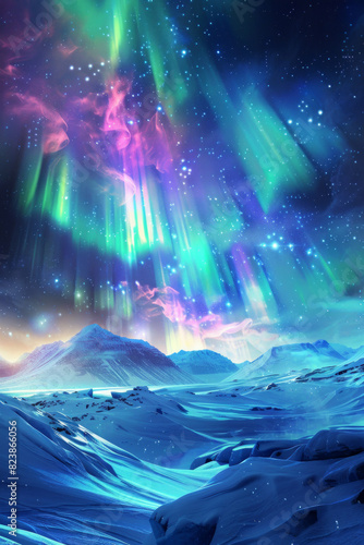 A mesmerizing display of the aurora borealis, with vibrant ribbons of green, purple, and blue light dancing across a starry sky above a pristine snowy landscape © grey
