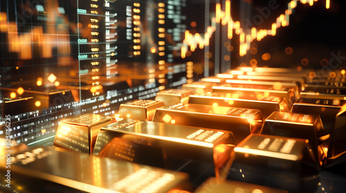 Gold bars in a vault combined with dynamic gold futures trading charts