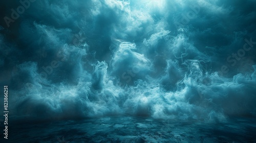 This image presents a powerful scene of ethereal blue smoke and cloud-like formations giving a dreamlike quality photo
