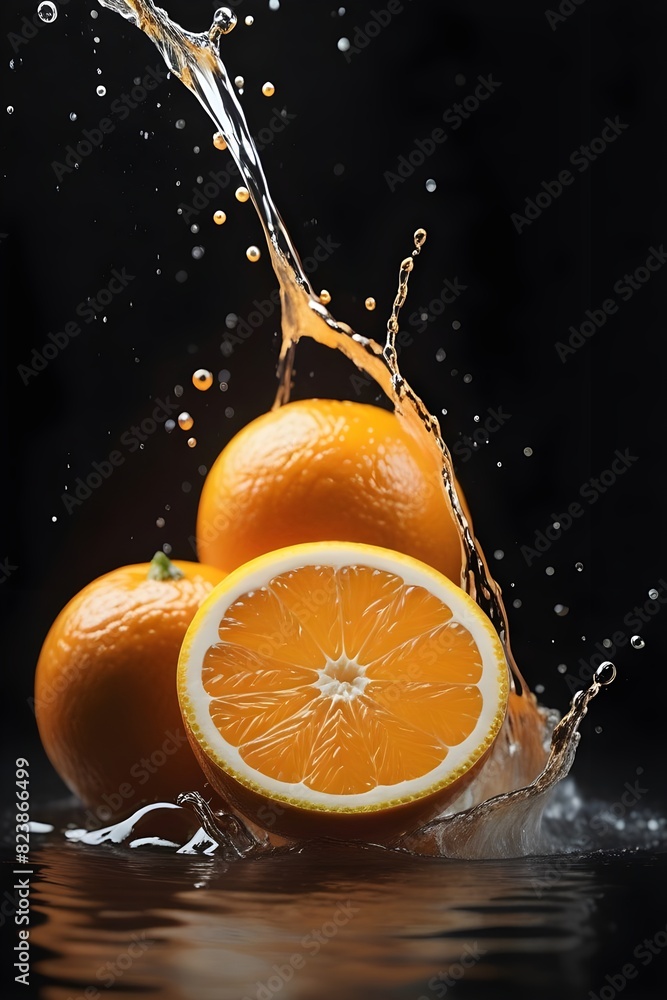 Explosión de jugo de naranja, naranjas, cítricos cayendo en agua Explosión de jugo de naranja, naranjas, cítricos cayendo en agua