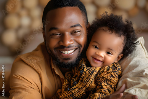 Happy smiling black man father plays with daughter or son child. Caring father hugs his baby tenderly. Father's Day or Children's Day concept photo