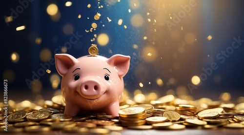 A cute piggy bank smiles under a shower of gold coins