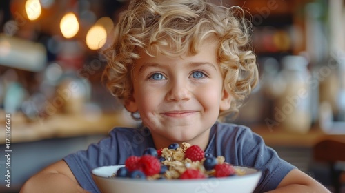 Adorable young boy with blue eyes and curly hair smiles while enjoying a cereal bowl in a cozy cafe