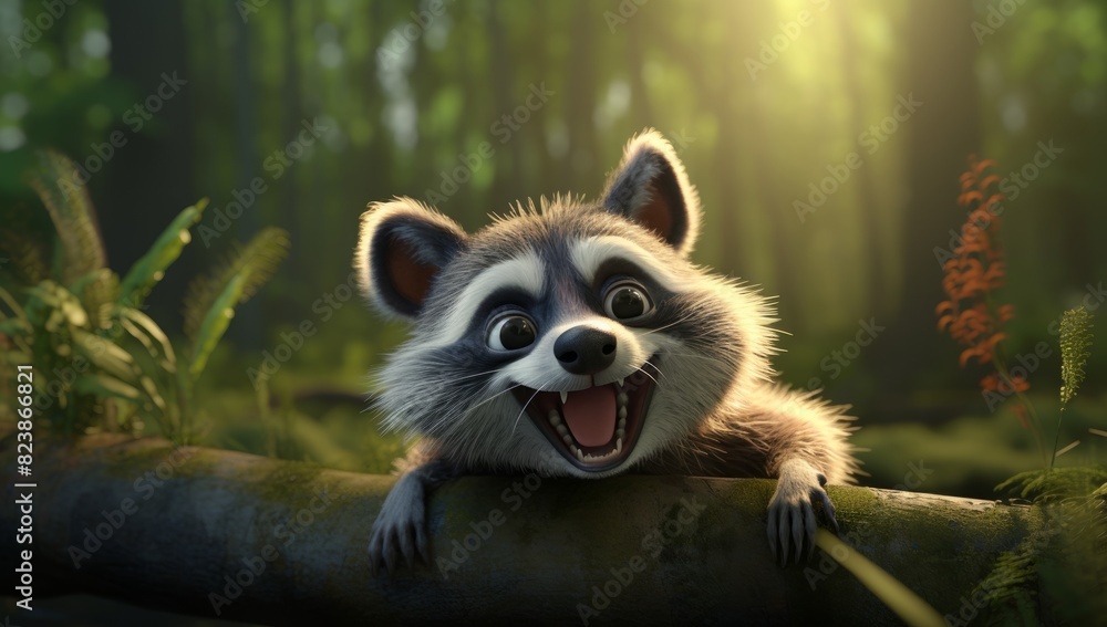 Obraz premium Smiling Raccoon A Happy Moment in the Summer Forest