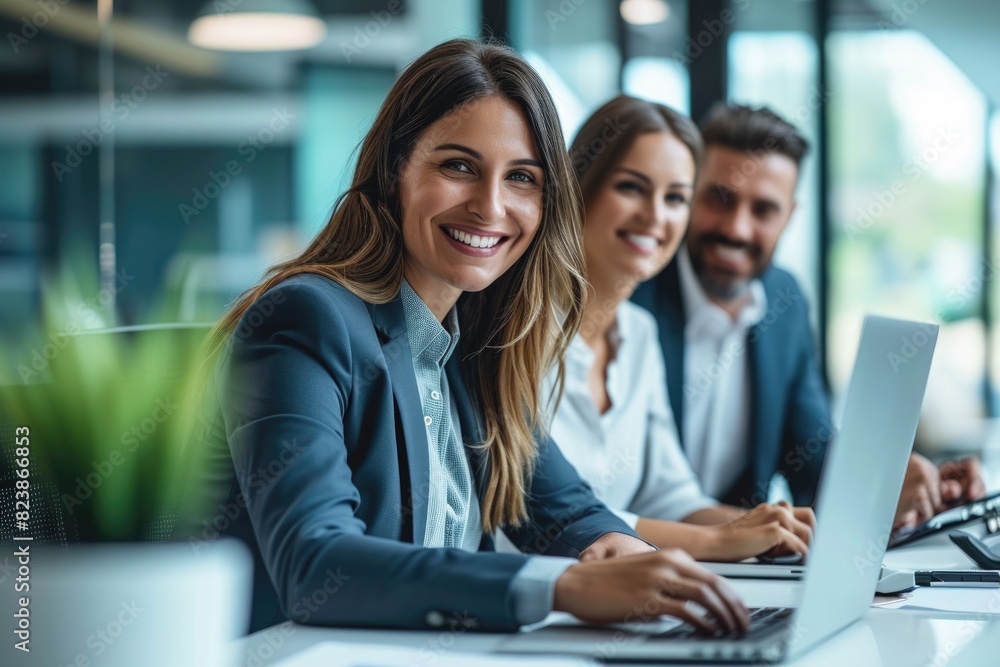 Three business people in the office working together Three business people in the office working together