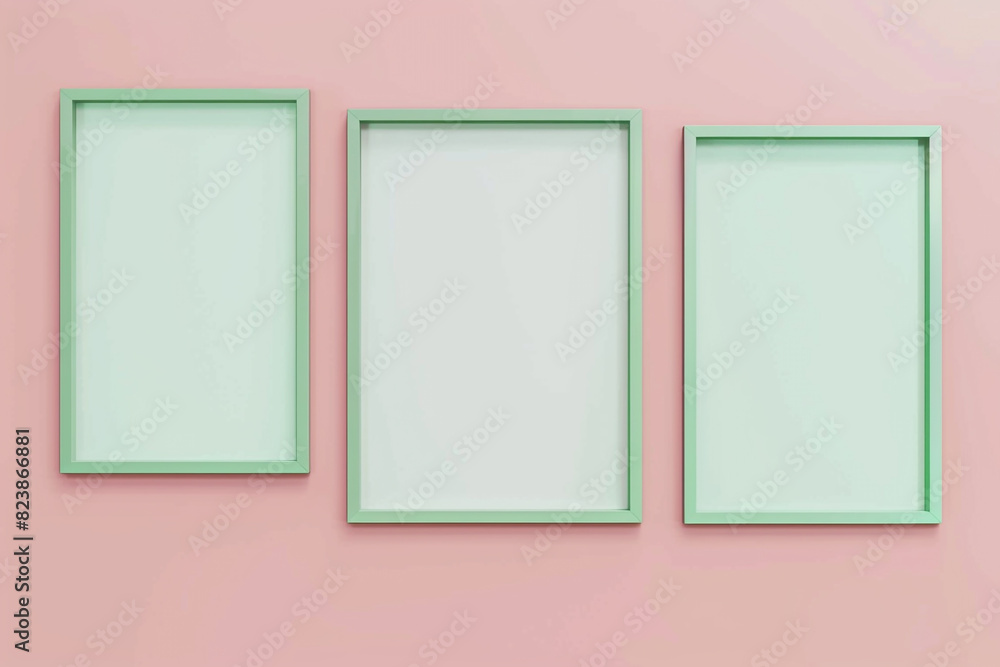 a mock-up of three empty posters in green frames on a pastel pink background. a mock-up of three empty posters in green frames on a pastel pink background.