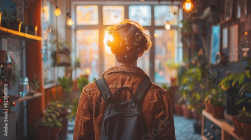 A peaceful scene of a person with a backpack standing in a cozy cafe, sunlight creating a head flare