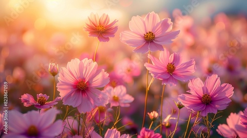A serene field of pink cosmos flowers bathed in the warm glow of a sunset with soft focus background