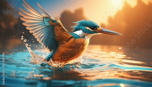 A kingfisher in the water  photo