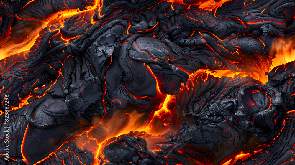 A dynamic abstract image depicting molten lava flowing through dark, rugged terrain, with vibrant orange and red hues highlighting the intense heat and energy.