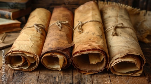 Parchment scrolls rolled up and placed on a wooden table, conveying a historical or antique feel