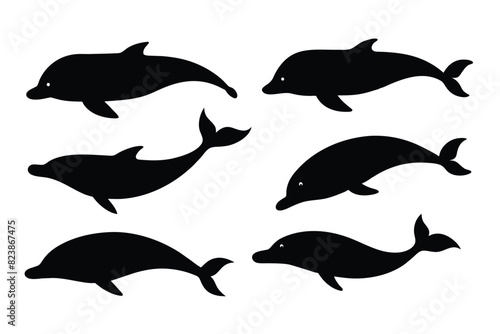 set of Baleen whale black silhouette vector on white background